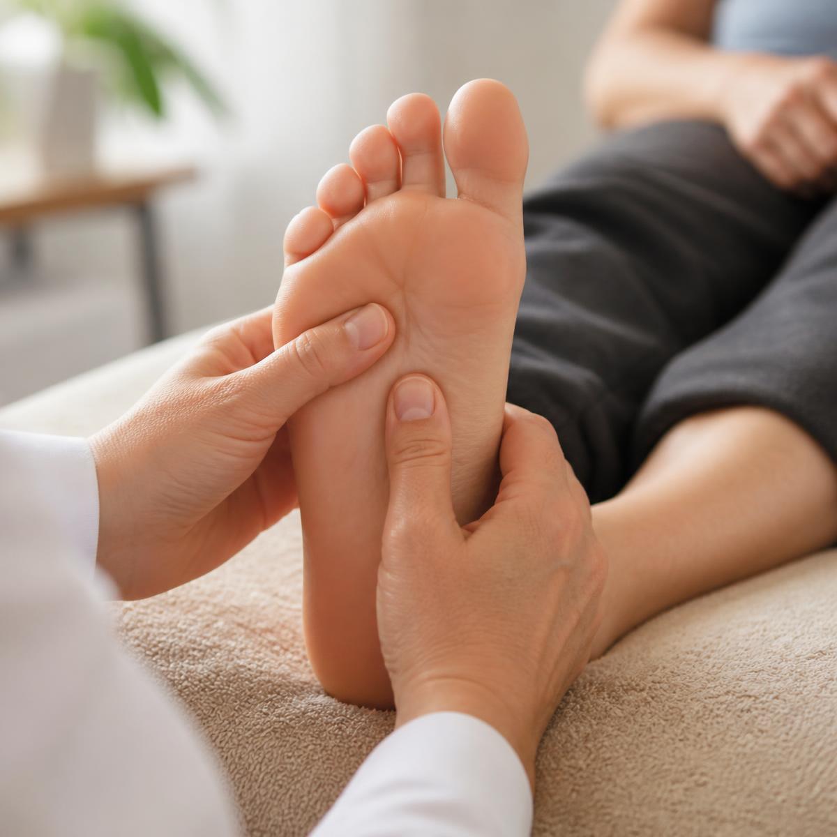 A practitioner's hands gently examining a patient's foot during a neuropathy evaluation